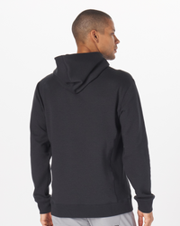 Black hoodie with drawstring hood, long sleeves, and ribbed cuffs and hem.