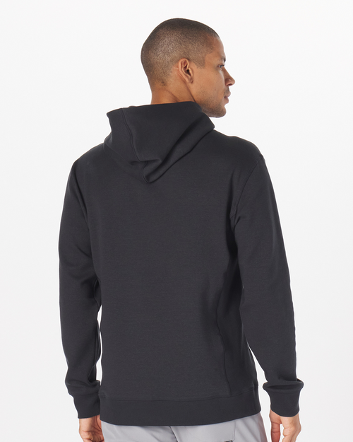 Black hoodie with drawstring hood, long sleeves, and ribbed cuffs and hem.