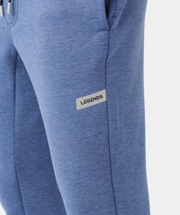Heather blue joggers with "LEGENDS" woven label on thigh and side pocket detail.