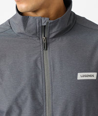 Charcoal full-zip jacket with textured fabric, mock neck collar, and "Legends" brand label on chest.