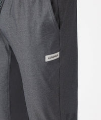 Charcoal gray pants with textured fabric and "Legends" brand label on thigh.