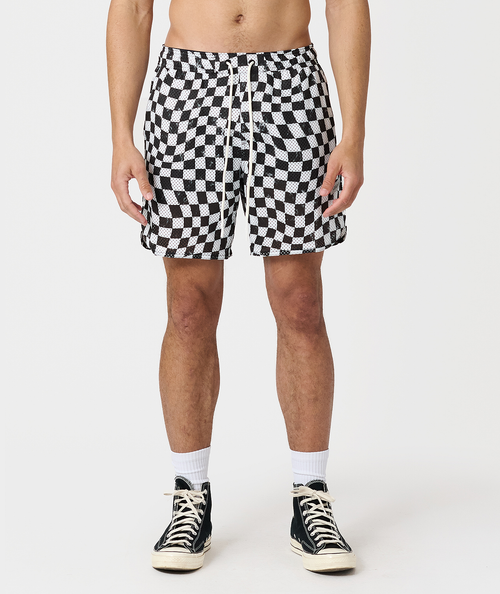 Men's mesh shorts with warped black and white checkerboard pattern and drawstring waist.