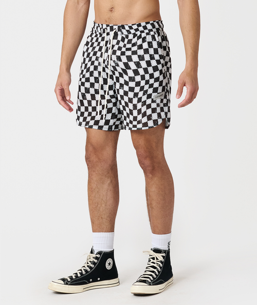 Men's mesh shorts with distorted black and white checkerboard pattern and drawstring waist.