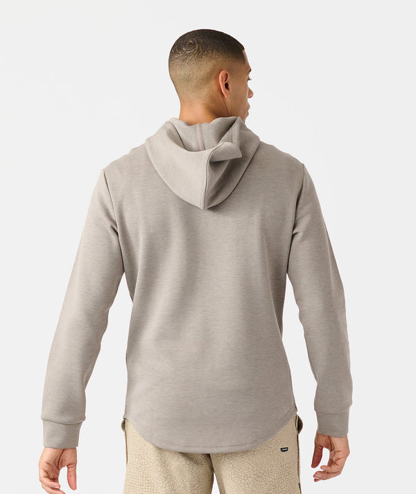 Taupe heather quarter zip hoodie with kangaroo pocket, shown from back on model.