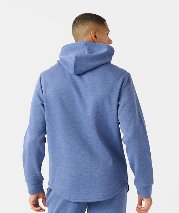 Blue heather hoodie with drawstring hood, shown from back on male model wearing matching sweatpants.