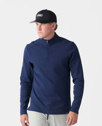 Navy quarter-zip pullover with long sleeves and mock neckline.