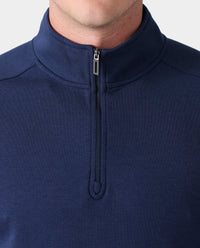 Navy quarter-zip pullover with a mock neckline and metal slider zipper.