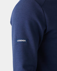 Navy blue quarter zip sweatshirt with "LEGENDS" text label on sleeve.