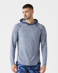 Men's long-sleeve hooded sweatshirt in light blue heather with dark blue hood lining and raglan sleeves.