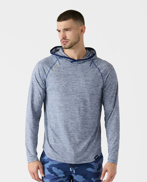 Men's long-sleeve hooded sweatshirt in light blue heather with dark blue hood lining and raglan sleeves.