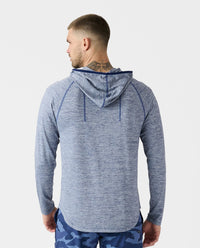 Men's ocean heather long-sleeve hooded sweatshirt with drawstring hood, shown from back view.