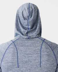 Ocean heather long-sleeve hooded sweatshirt with blue contrast stitching and drawstring hood, shown from back view.