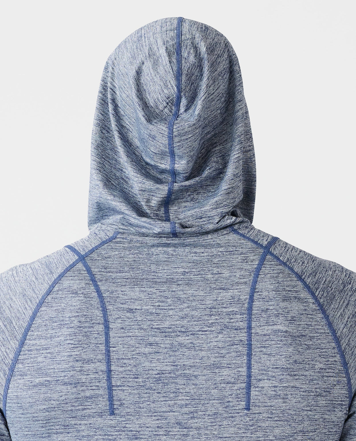 Ocean heather long-sleeve hooded sweatshirt with blue contrast stitching and drawstring hood, shown from back view.