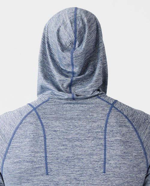 Ocean heather long-sleeve hooded sweatshirt with blue contrast stitching and drawstring hood, shown from back view.